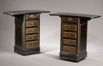 null Pair of bedside cabinets on wheels with side flaps in black lacquered wood veneer...