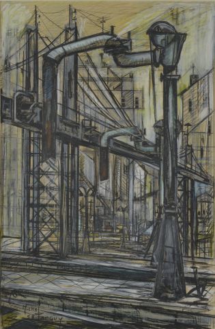 null Michel TANGUY (XXe siècle).

Vue d'une usine.

Technique mixte sur papier signée...