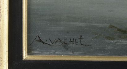 A. VACHET (XXe siècle). 
Paysage au lac. 
Huile sur toile signée en bas à gauche....