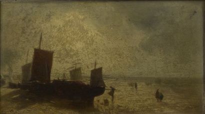  School of the 19th century. 
Boats on the shore. 
Oil on mahogany panel signed lower...