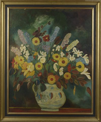  CH.GRUERE (XXe siècle). 
Bouquet de fleurs et Grue dans un paysage floral. 
Deux...