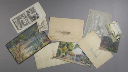 null Set of ten drawings in pencil or watercolor, representing in particular views...