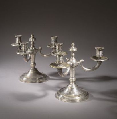null Pair of silver-plated bronze candlesticks with three arms of light (unsilvered,...