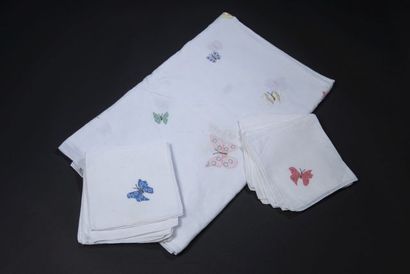 null White cotton tablecloth with polychrome decoration of butterflies (stains)....