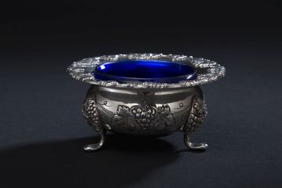 null Large tripod silver-plated metal salveron of table with decoration in relief...