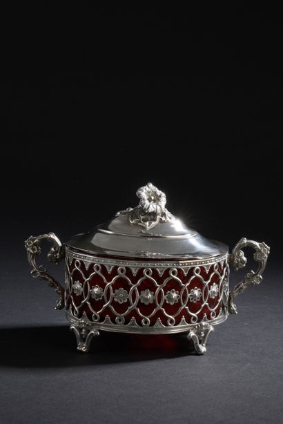 null Silver jam dish with openwork decoration of flowers, the handles formed of flowery...