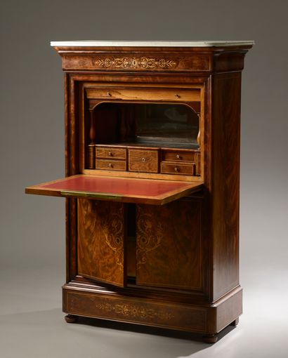 null Secretary in rosewood veneer inlaid with holly wood decorated with foliage scrolls,...