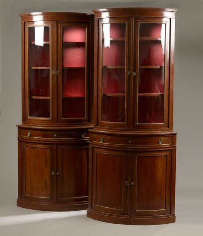 null Pair of mahogany corner cabinets inlaid with fillets. They open with a drawer...