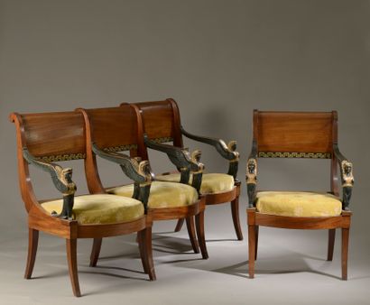 null 
Suite of four mahogany and mahogany veneer armchairs, the scrolled back, the...