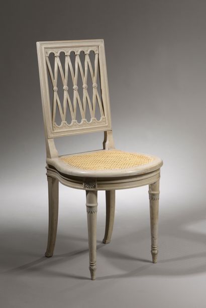 null Suite of six caned chairs in molded wood, carved and lacquered cream with blue-gray...