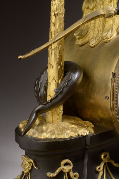 null 
Clock called "L'Amérique" in chased, gilded and patinated bronze, an Amerindian...