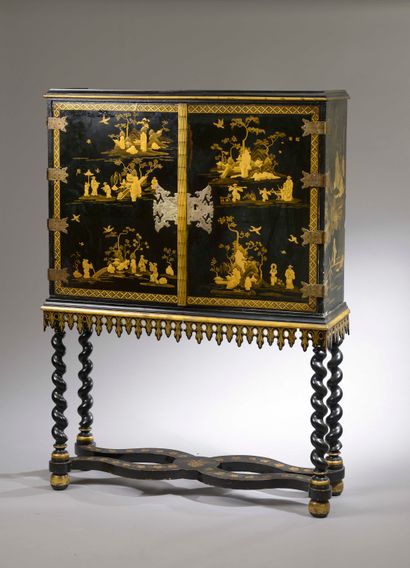 null Cabinet in gold lacquered wood on a black background decorated with animated...