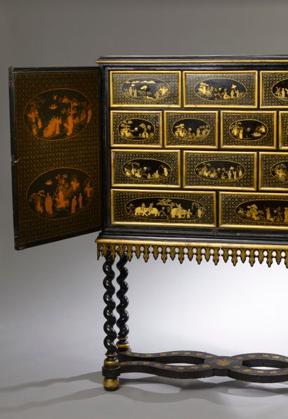 null Cabinet in gold lacquered wood on a black background decorated with animated...