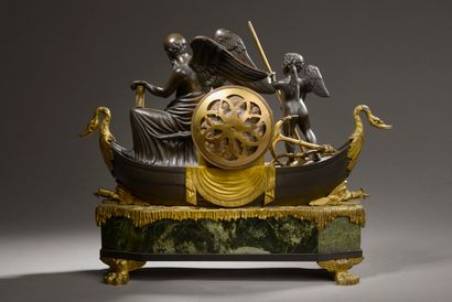 null Patinated and gilt bronze clock representing Cronos in a boat driven by Eros....