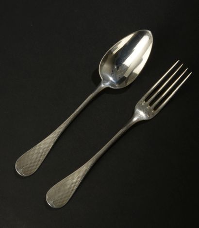 null Six large silver cutlery 950 thousandths, the handle and the spatula guilloche,...