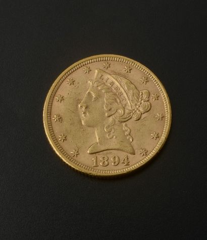 null 
Gold coin of 5 American Dollars with the profile of Liberty dating from 1894.




Diameter...