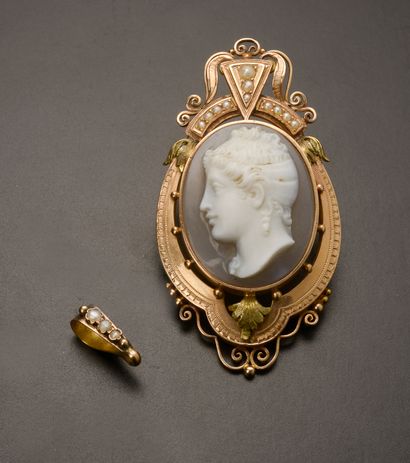 null 18k yellow gold two-tone pendant brooch presenting a cameo on agate with the...