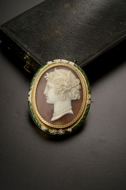 null Shell cameo brooch in the profile of a woman in the antique style wearing a...