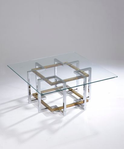 null Coffee table with a square glass top (chips) resting on a square chromed and...