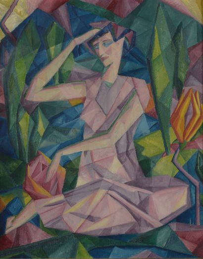 null Maximilien REINITZ (1872-1935).

Femme assise cubisante, sur fond vert. 

Huile...