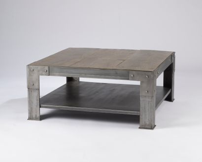 Square industrial coffee table with bolted...