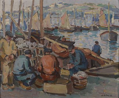 null Pierre de BELAY (1890-1947).

Fishermen sitting on the quay.

Oil on cardboard...