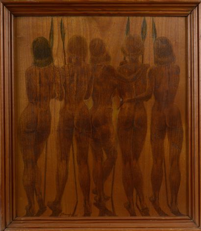 null Pierre BOURGIN (XXe siècle).

Cinq femmes nues tenant une lance vues de dos.

Encre...
