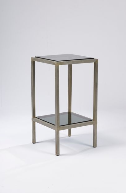 null Two nesting tables forming ends of brass sofa, the legs in round square, the...