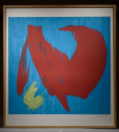 null Gérard SCHNEIDER (1896-1986).

Abstraction en rouge et jaune sur fond bleu.

Lithographie...
