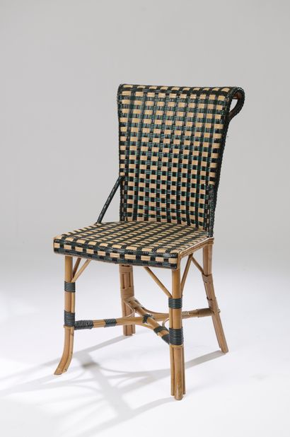 null Eight beige tinted woven rattan chairs, upholstered with green and black fibers...