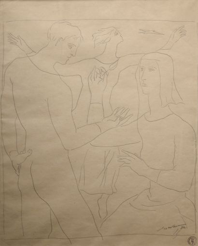 null Léopold SURVAGE (1879-1938). 

Trois personnages à l'oiseau.

Crayon sur papier...