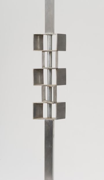 null Pair of steel floor lamps, the central stem of square section decorated in its...