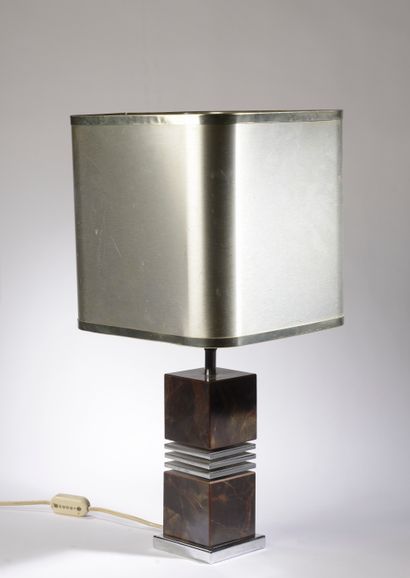 null Square section table lamp composed of two laminated cubes imitating brown marble,...