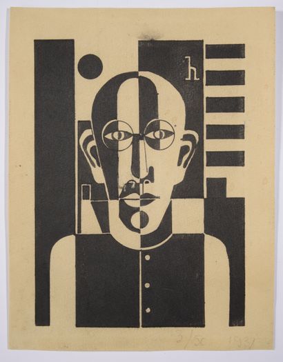 null Heinrich HOERLE (1895-1936).

Portrait d'homme à la pipe.

Linogravure sur papier,...