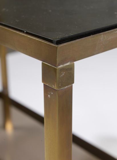 null Pair of two brass square sectional end tables with protruding connecting dice....