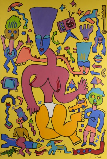 null Jean-Luc JUHEL (né en 1951).

Composition animée et colorée sur fond jaune.

Toile...