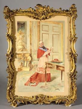 Alfred Charles WEBER (Paris, 1862 - 1922) Cardinal amusé par son chaton Aquarelle,...