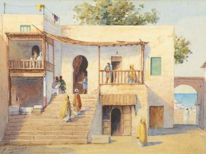 Marcel BLAIRAT (né à Roquemaure en 1843) Le Café des Nattes à Sidi Bou Saïd Aquarelle,...