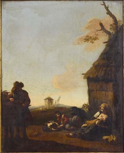 Attribué à Jan MIEL (Vlaardingen, 1599 - Turin, 1663) Paysans près d'une chaumière...