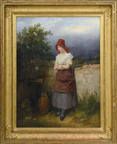 École du Nord du XIXe siècle Jeune femme à la fontaine Huile sur toile (petite restauration)...