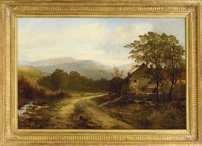 George BATES (act. 1883 - 1888) Grande ferme au bord du chemin Huile sur toile, signée...