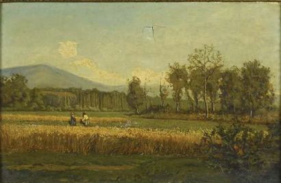 École Française de la fin du XIXe siècle Deux personnages dans un champ de blé Huile...