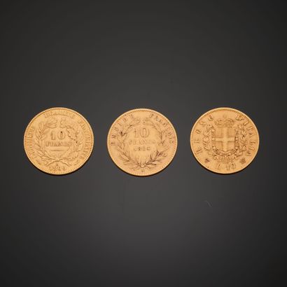 null Ensemble de trois pièces en or, deux de 10 Francs au profil de Napoléon III...
