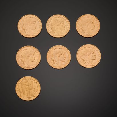 Ensemble de sept pièces en or de 20 Francs,...