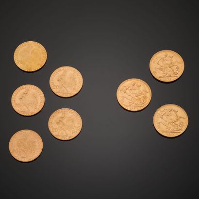 null Cinq pièces en or de 20 Francs au profil de Marianne datant de 1907 à 1909,...