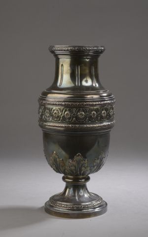 Silver baluster vase, the neck with flutes,...