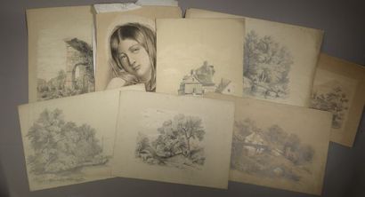 Ensemble de huit dessins vers 1850, par Louise...
