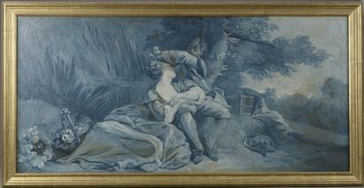 null École française du XIXe siècle. 

Scène galante.

Huile sur toile en bleu (taches)....