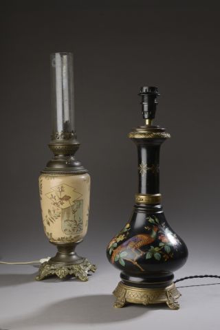 Two lamps, one oil lamp in ceramic and bronze...
