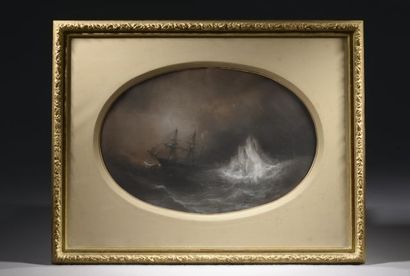 null Barthélemy LAUVERGNE (1805-1871).

Ship in heavy weather, upwind of an iceberg.

Oval...